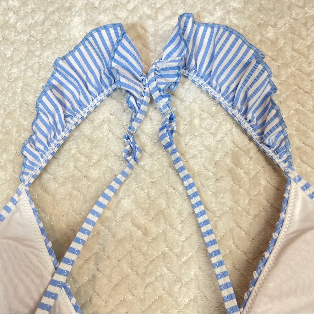 Aerie Pale Blue Gingham Triangle Bikini Top Ruffle Sleeves Women Size Medium - Picture 6 of 7